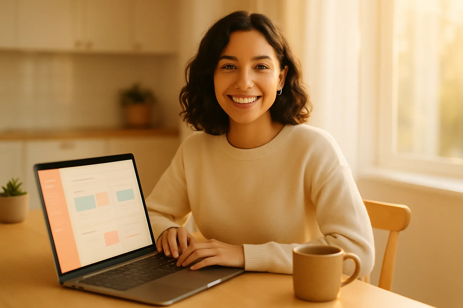 A beginner entrepreneur happily launching her online business on a laptop at a bright kitchen table